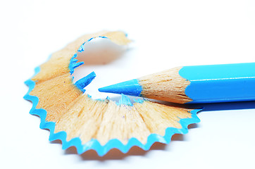 Image showing Sharpened blue color pencil and wood shavings 