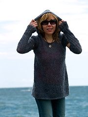 Image showing Blond Model in Hood Posing beach