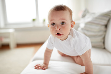 Image showing little baby in diaper crawling along sofa at home