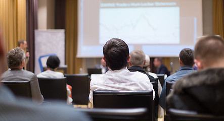 Image showing Male speeker having talk at public event.