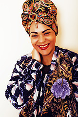 Image showing beauty bright african woman with creative make up, shawl on head