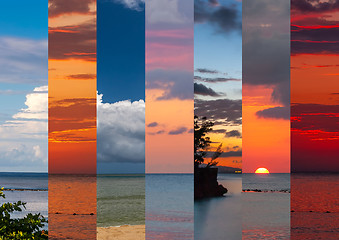 Image showing Collage of sea shots in sunset time