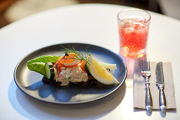 Image showing close up of toast skagen with caviar and bread