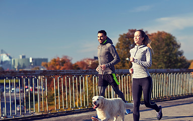 Image showing happy couple with dog running outdoors