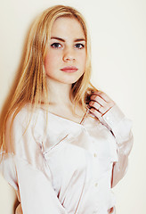 Image showing young pretty blond teenage girl close up portrait, lifestyle peo