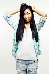 Image showing young pretty asian woman posing cheerful emotional isolated on white background, lifestyle people concept