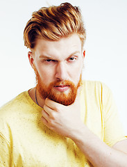 Image showing portrait of young bearded hipster guy smiling on white background close up isolated, lifestyle real modern people concept