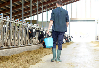 Image showing man with bucket walking in cowshed on dairy farm