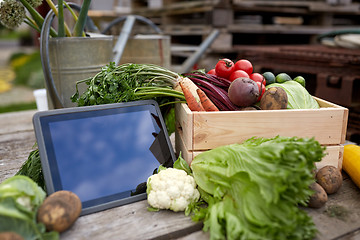 Image showing close up of vegetables with tablet pc on farm