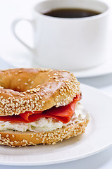 Image showing Smoked salmon bagel and coffee