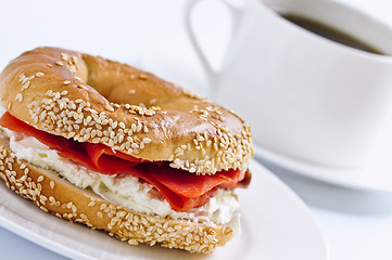 Image showing Smoked salmon bagel and coffee
