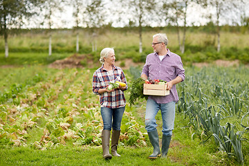 Image showing senior couple with box of vegetables on farm