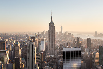 Image showing New York City Manhattan downtown skyline at sunset.