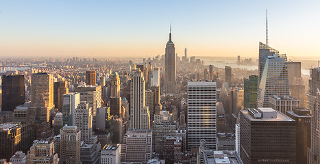 Image showing New York City Manhattan downtown skyline at sunset.