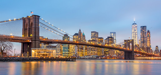 Image showing Brooklyn bridge at dusk, New York City.