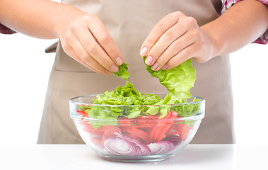 Image showing Cook is tearing lettuce while making salad