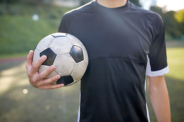 Image showing close up of soccer player with football on field