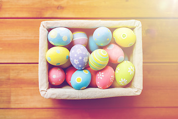 Image showing close up of colored easter eggs in basket