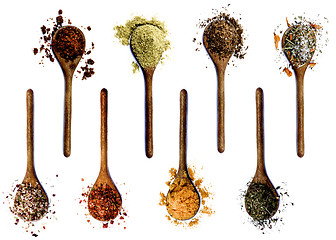 Image showing Collection of Spices in Wooden Spoons