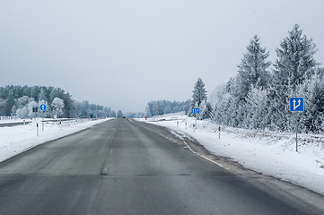 Image showing Highway in the winter, the trees covered with hoarfrost