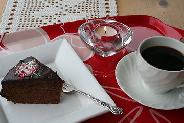 Image showing Piece of chocolate cake and coffee