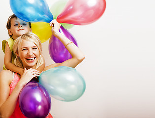 Image showing pretty family with color balloons on white background, blond wom