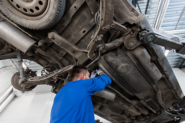 Image showing mechanic man or smith repairing car at workshop