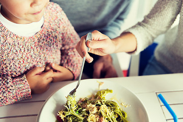 Image showing close up of family having dinner at restaurant