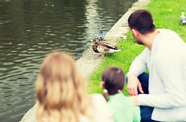 Image showing family looking at duck at summer pond in park