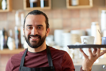 Image showing happy man or waiter with coffee and sugar at bar