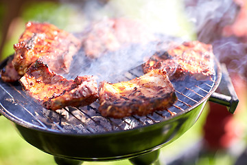 Image showing meat cooking on barbecue grill at summer party