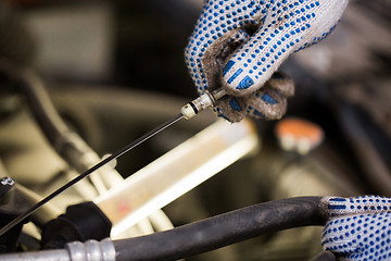 Image showing mechanic with dipstick checking motor oil level