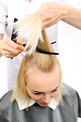 Image showing Clipping, combing woman at the hairdresser