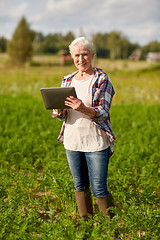 Image showing senior woman with tablet pc computer at county