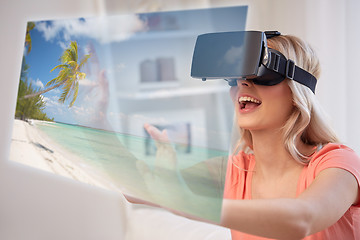 Image showing woman with virtual reality headset over beach