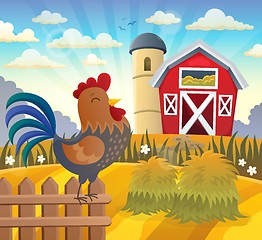 Image showing Farmland with rooster on fence