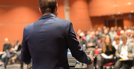 Image showing Public speaker giving talk at Business Event.