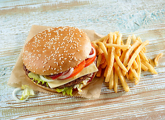 Image showing fresh tasty burger and french fries