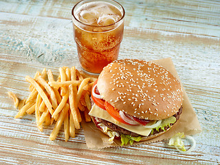 Image showing fresh tasty burger and cola