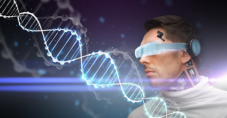 Image showing man with 3d glasses, sensors and dna molecule