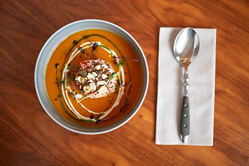 Image showing vegetable pumpkin-ginger soup in bowl