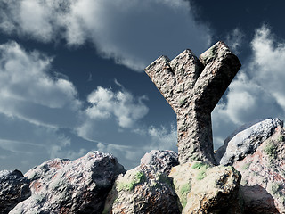 Image showing rune rock under cloudy blue sky - 3d illustration