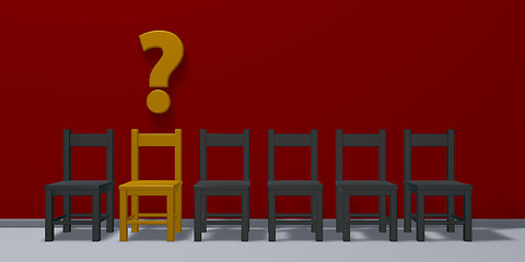 Image showing row of chairs, one in yellow and question mark - 3d illustration