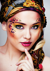 Image showing portrait of contemporary noblewoman with face art creative close up, russian style fashion