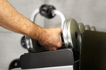 Image showing Gym, dumbbells. Trainer in the gym, training with weights