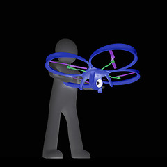 Image showing 3d man with drone, quadrocopter, with photo camera. 3d render. 3