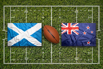 Image showing Scotland vs. New Zealand flags on rugby field