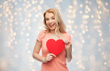 Image showing happy woman or teen girl with red heart shape