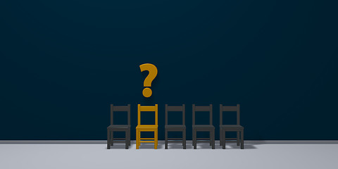 Image showing row of chairs, one in yellow and question mark - 3d illustration