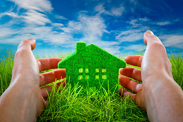 Image showing Eco House in green grass protected by the human hands